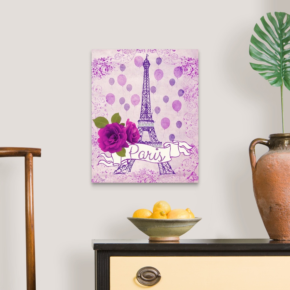 A traditional room featuring Vibrant pink Paris themed home decor art of a purple Eiffel tower against a pink background wit a...