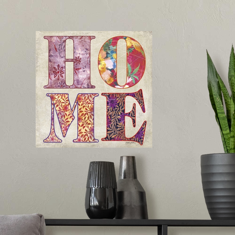A modern room featuring The word "home" with brightly colored patterns in each letter.