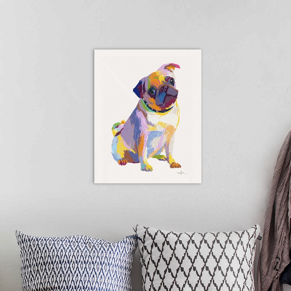 A bohemian room featuring Colorful sketch of a pug dog in bright colors tilting head the side.