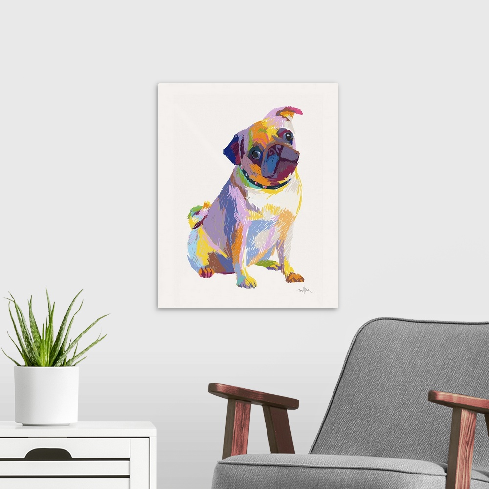 A modern room featuring Colorful sketch of a pug dog in bright colors tilting head the side.