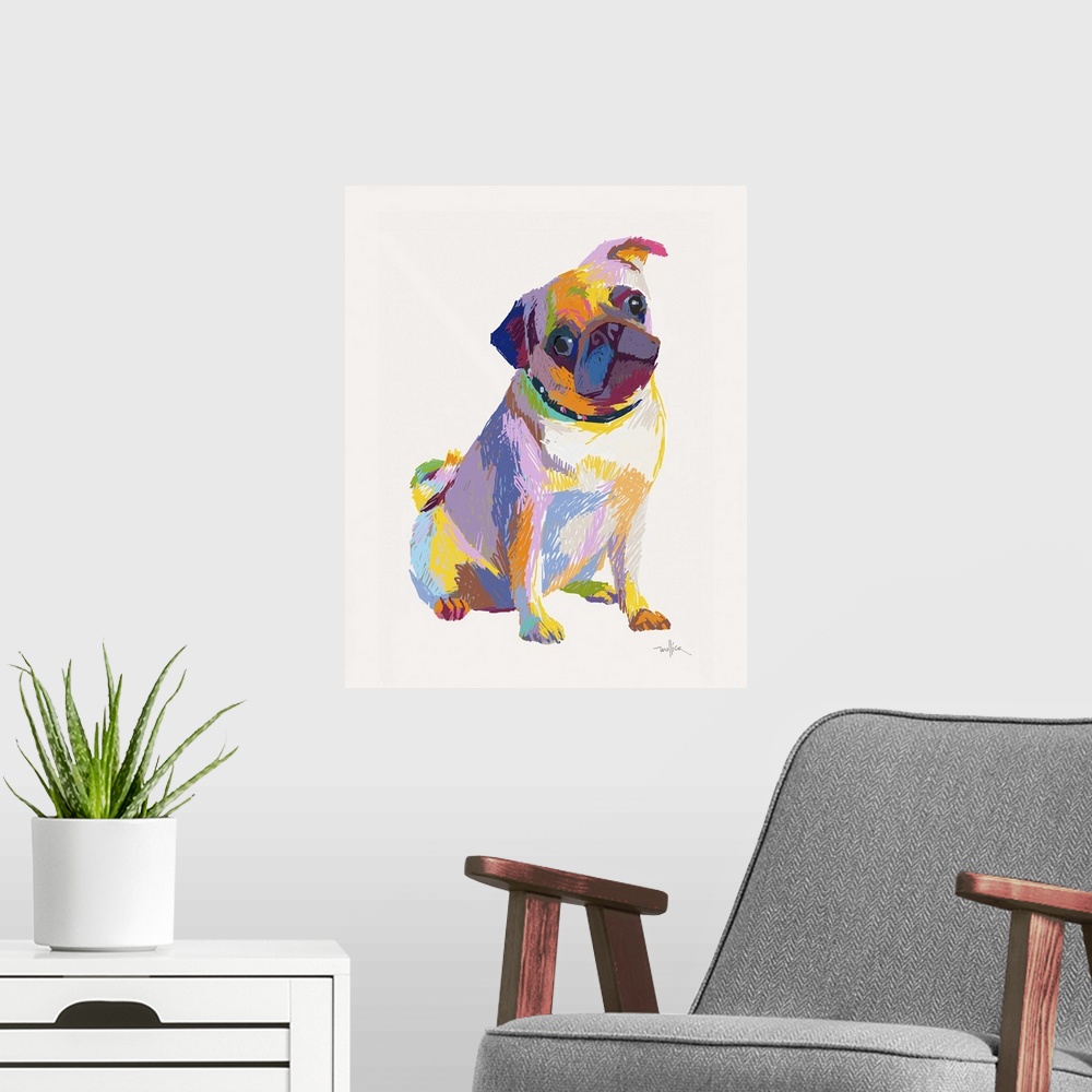 A modern room featuring Colorful sketch of a pug dog in bright colors tilting head the side.