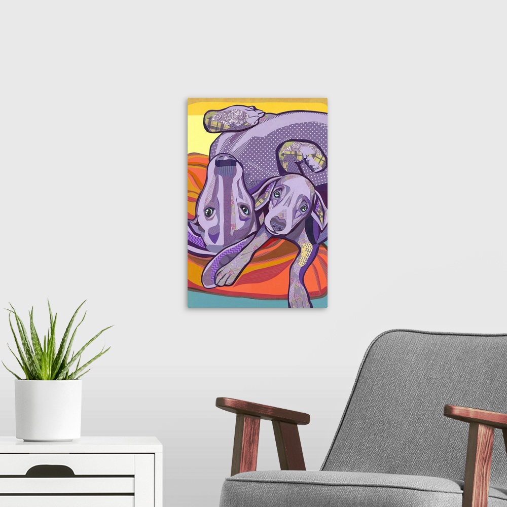 A modern room featuring Colorful collage artwork of mom and puppy Weimaraner snuggling together.