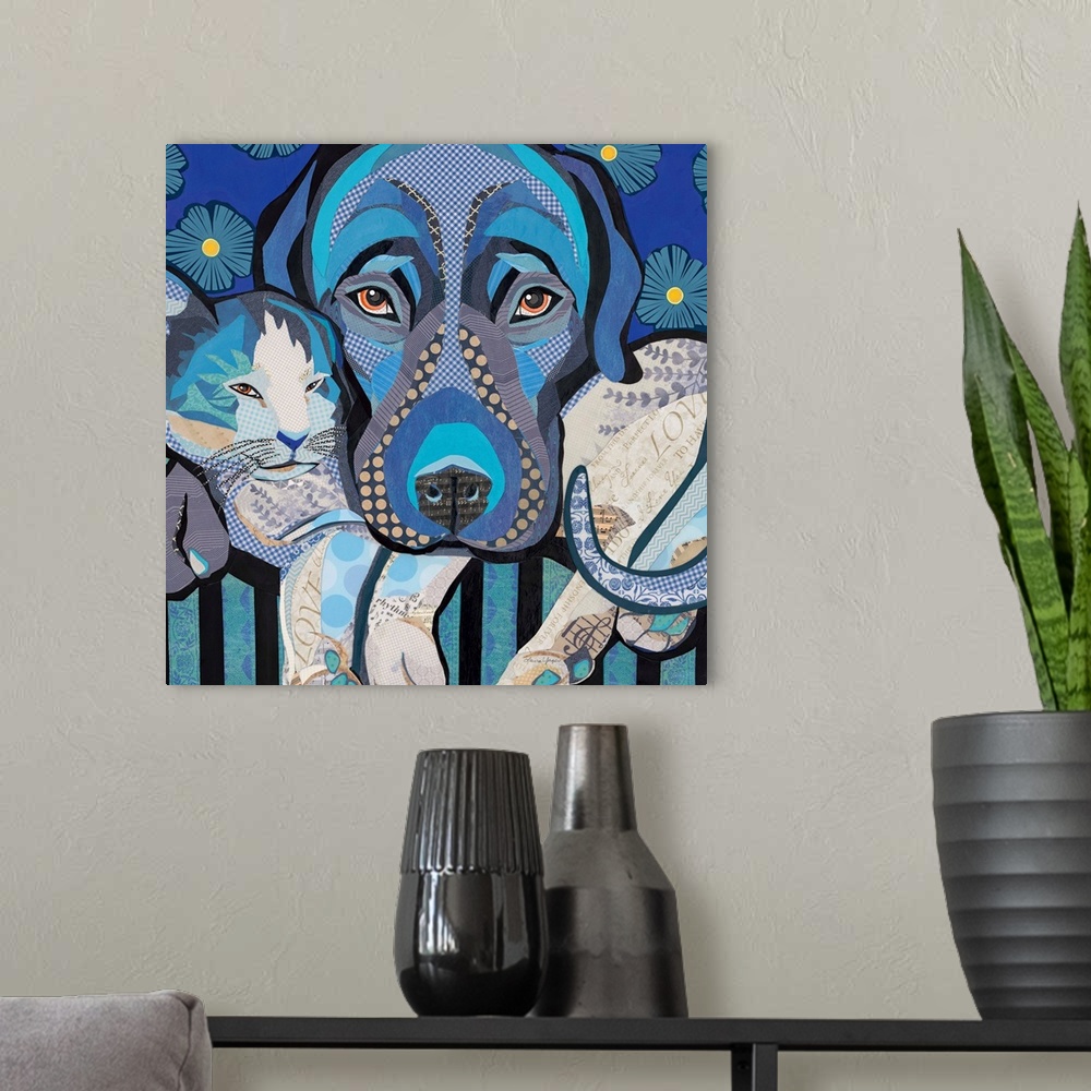 A modern room featuring Mixed media art of a dog and cat snuggling in cool blue tones.