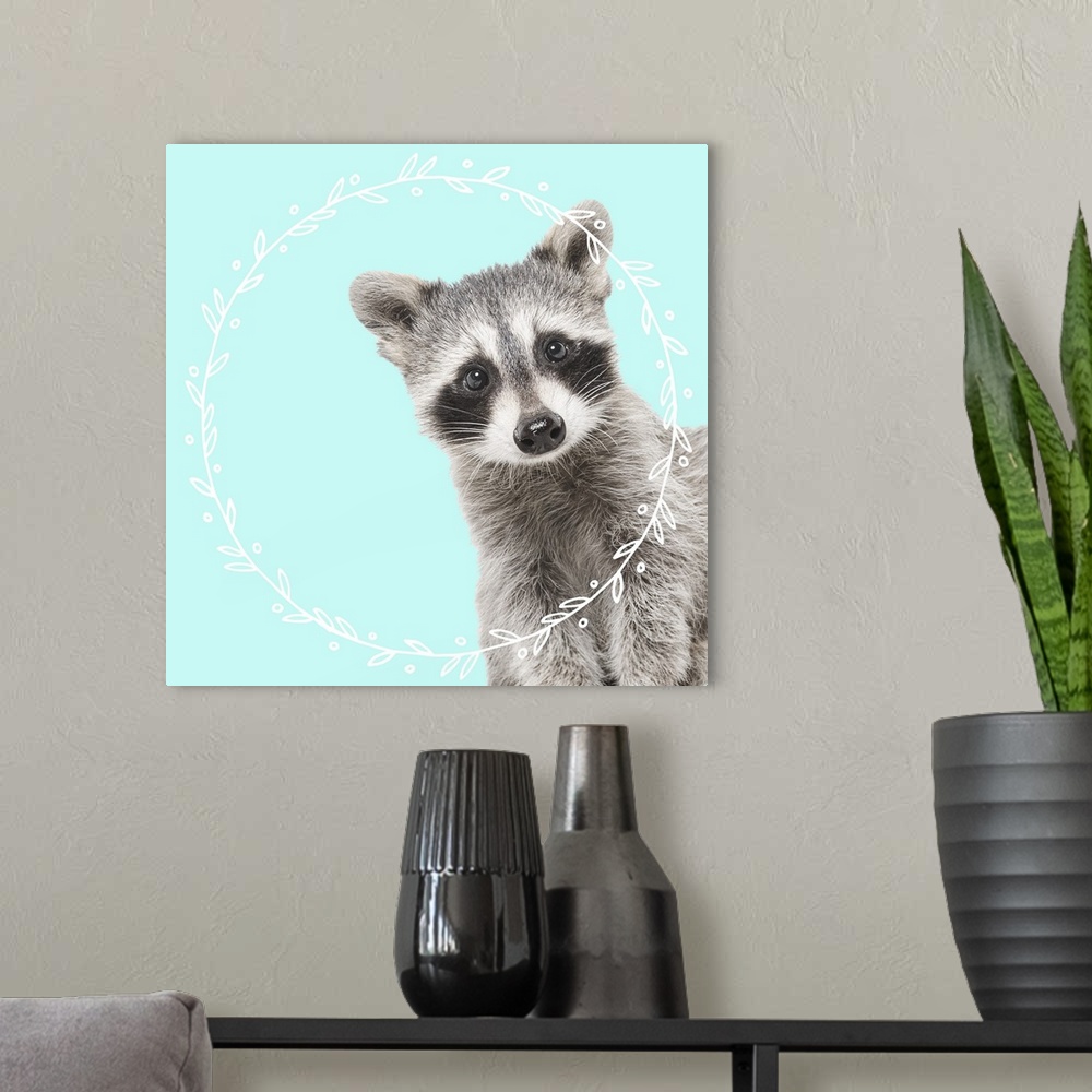 A modern room featuring Black and white photograph of a baby raccoon on the middle of a light blue background with an ill...