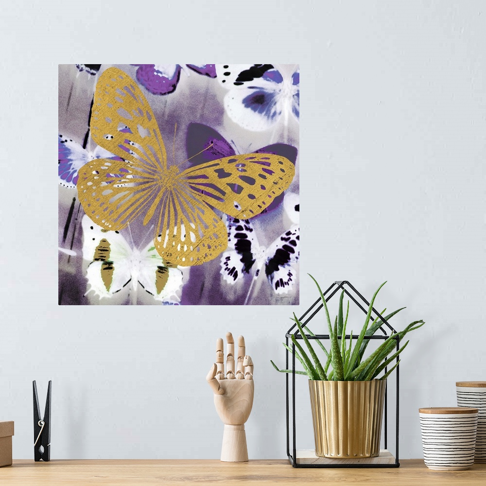 A bohemian room featuring Painting of a golden butterfly silhouette against a multi-toned purple butterfly background.