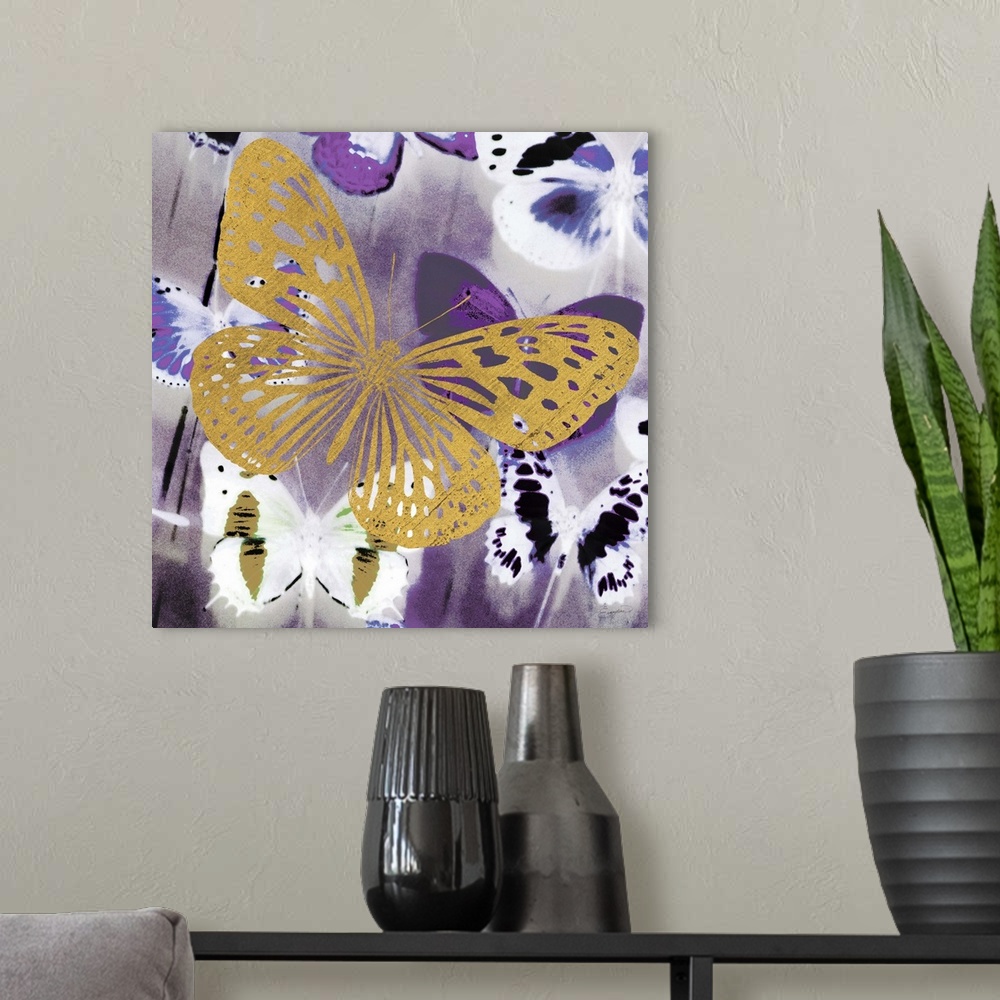 A modern room featuring Painting of a golden butterfly silhouette against a multi-toned purple butterfly background.
