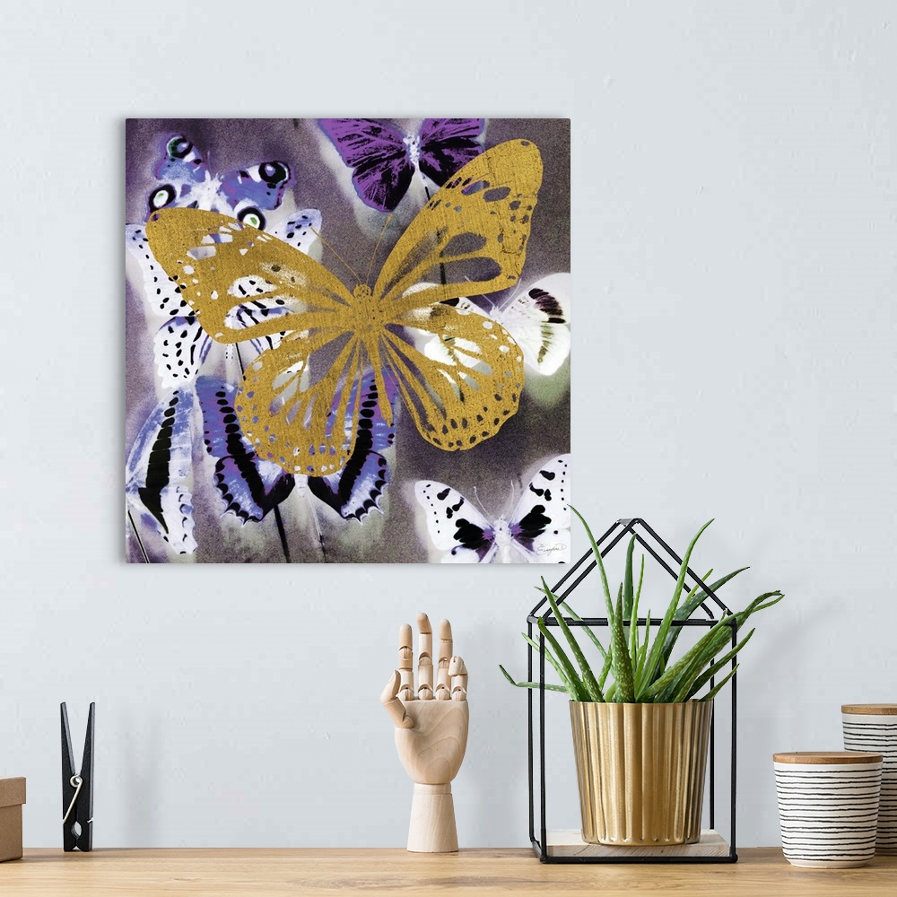 A bohemian room featuring Painting of a golden butterfly silhouette against a multi-toned purple butterfly background.