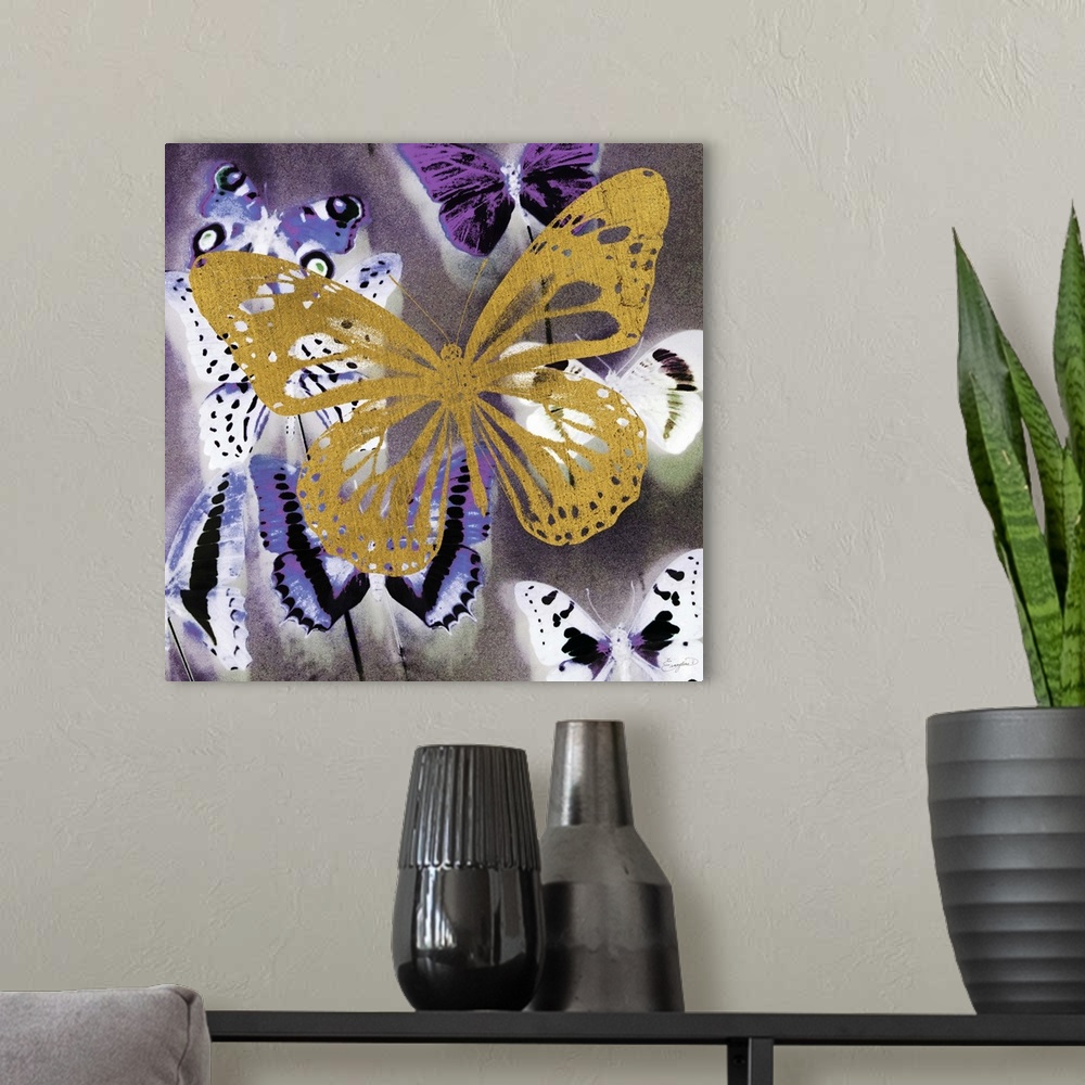 A modern room featuring Painting of a golden butterfly silhouette against a multi-toned purple butterfly background.