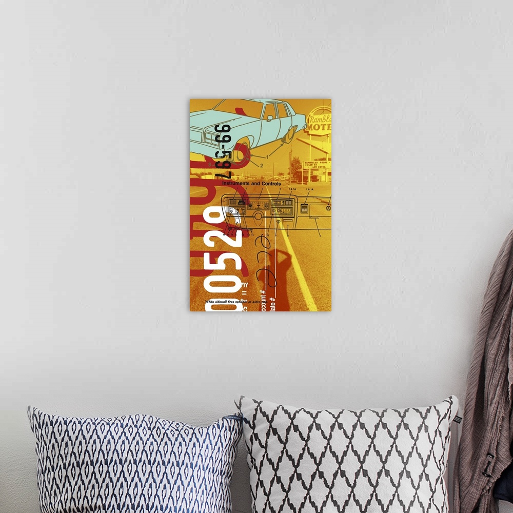 A bohemian room featuring Vintage car diagrams and printed numbers over an image of a road.