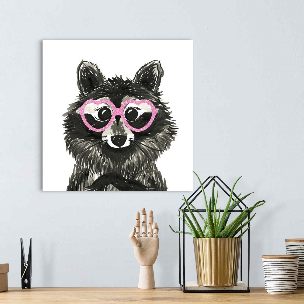 A bohemian room featuring Black and white illustration of a whimsical raccoon wearing heart shaped pink glitter glasses on ...