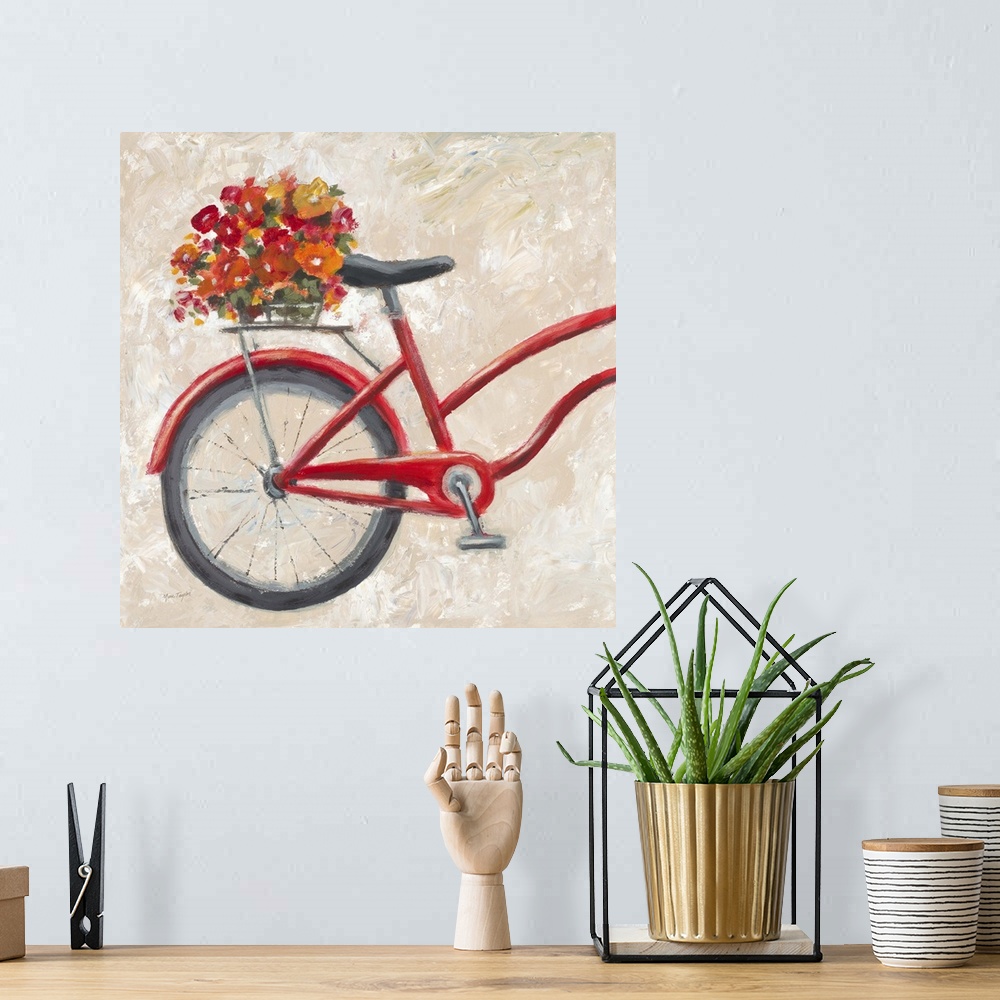 A bohemian room featuring Contemporary painting of the back end of a red bicycle with vibrant flowers in a basket behind th...