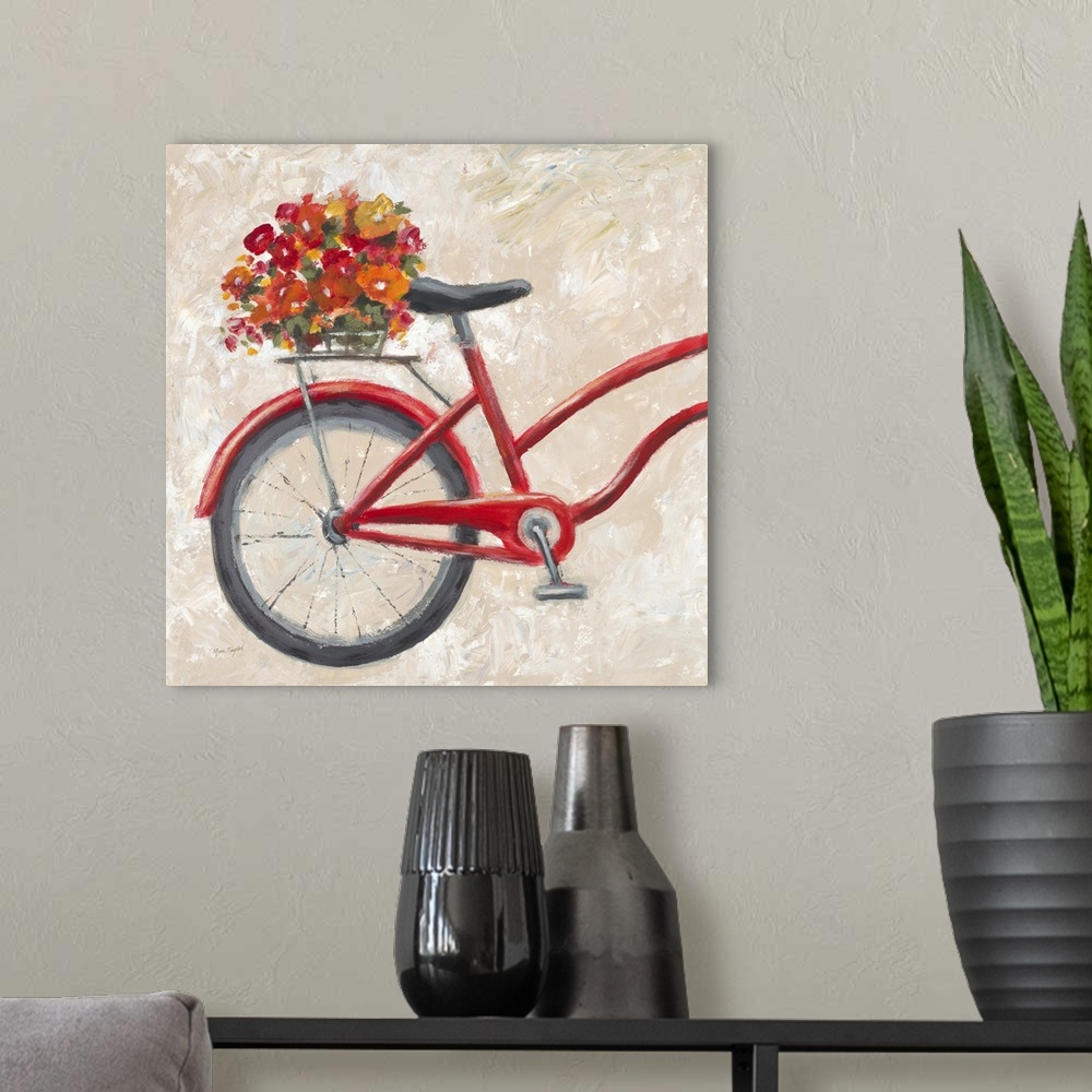 A modern room featuring Contemporary painting of the back end of a red bicycle with vibrant flowers in a basket behind th...