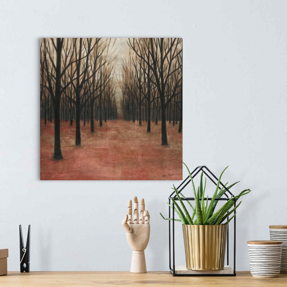 A bohemian room featuring Contemporary painting of a dark forest with black bare trees on a red forest floor.