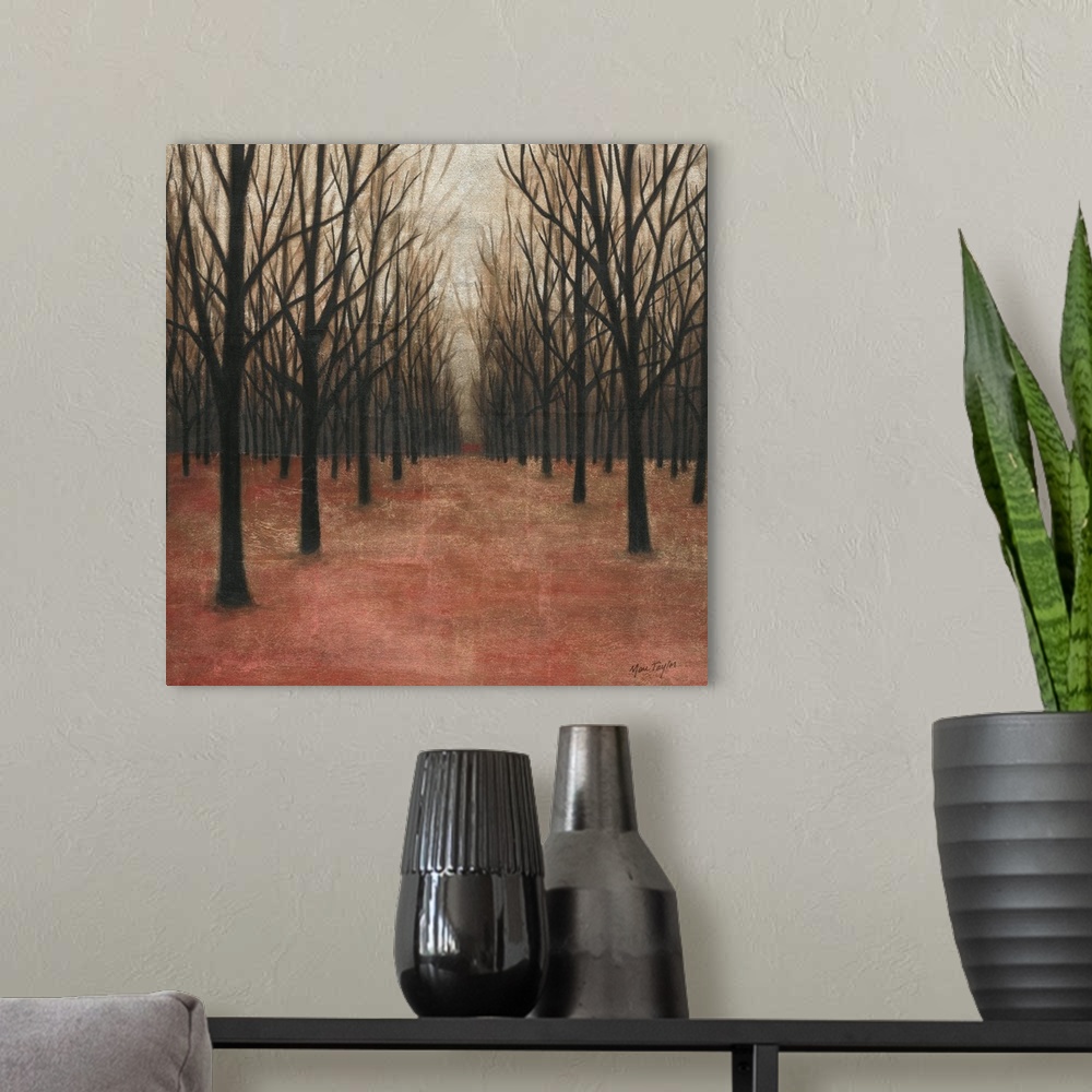 A modern room featuring Contemporary painting of a dark forest with black bare trees on a red forest floor.