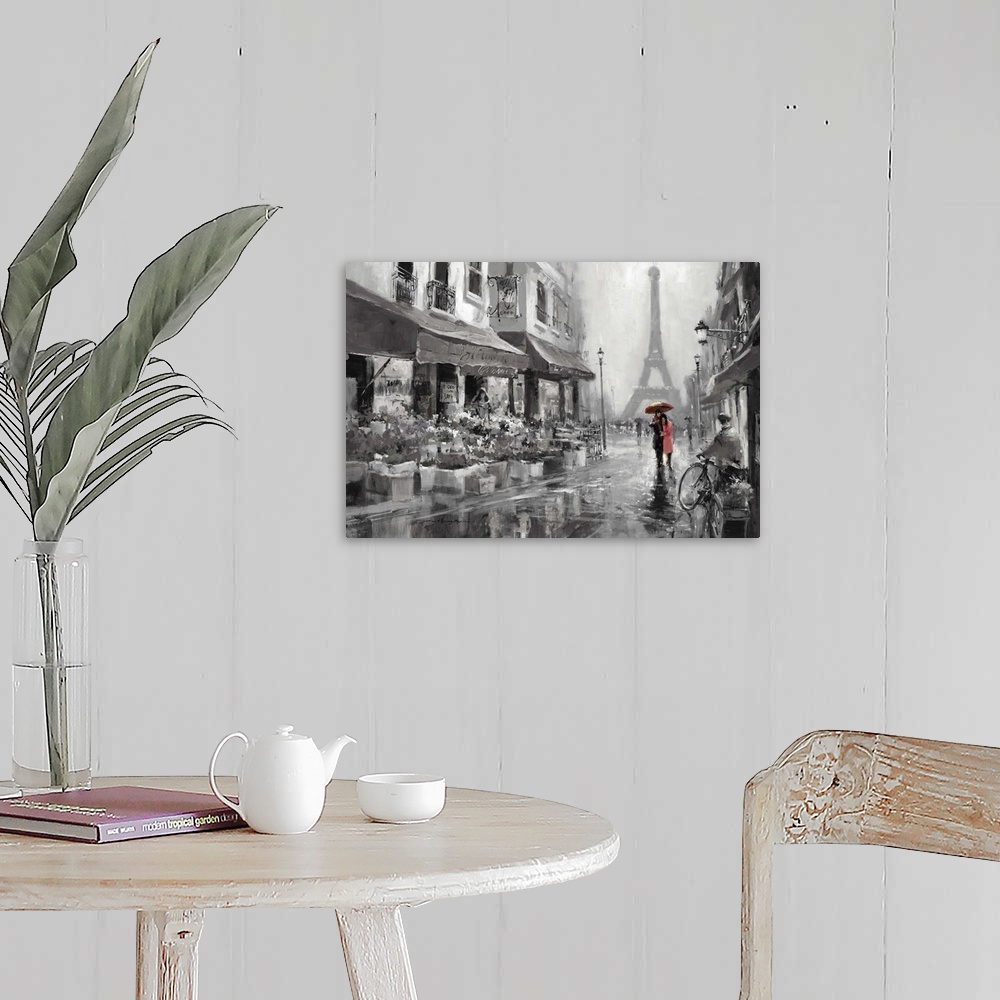 A farmhouse room featuring Painting of a street scene in Paris, France, with the Eiffel Tower in the distance.