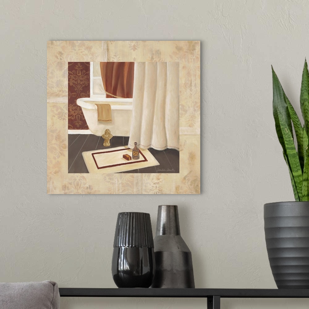 A modern room featuring Square painting of a fancy bathtub behind a curtain in a luxury bathroom.
