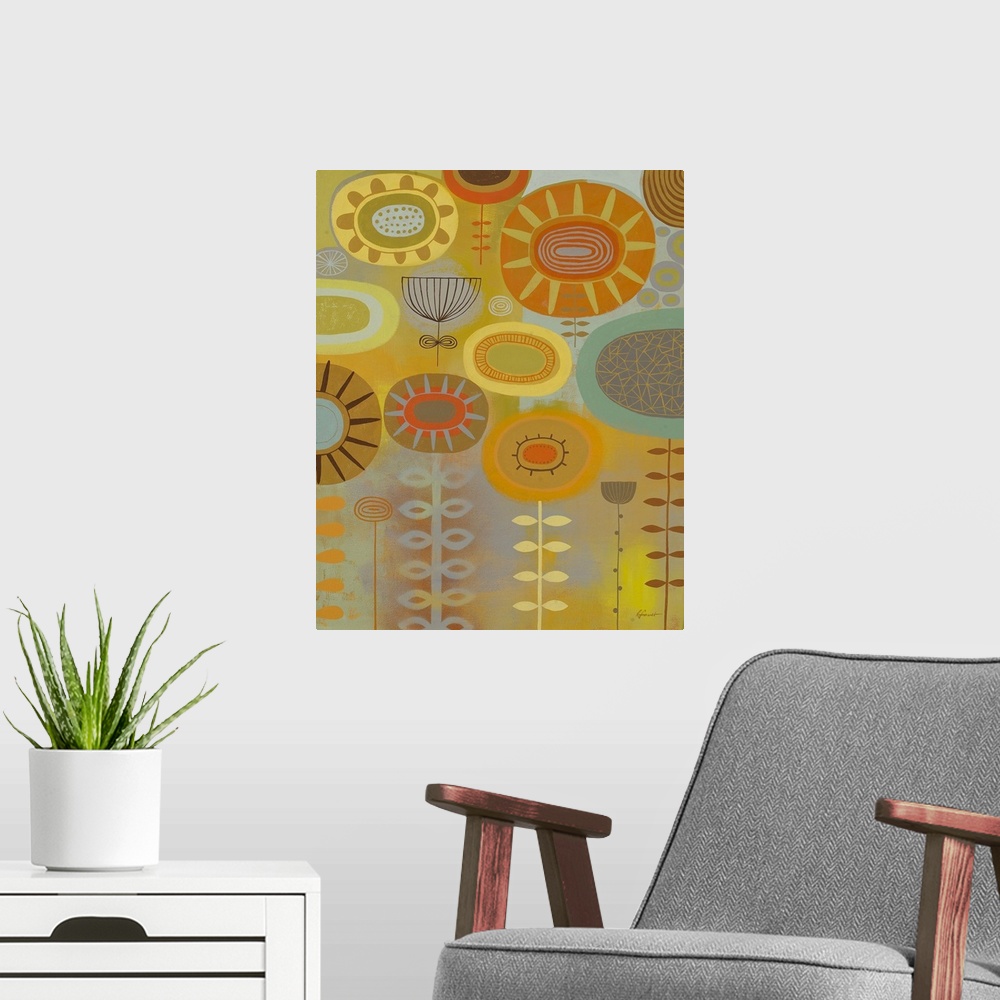A modern room featuring Contemporary painting with a retro feel of colorful shapes and designs making a flowery garden sc...