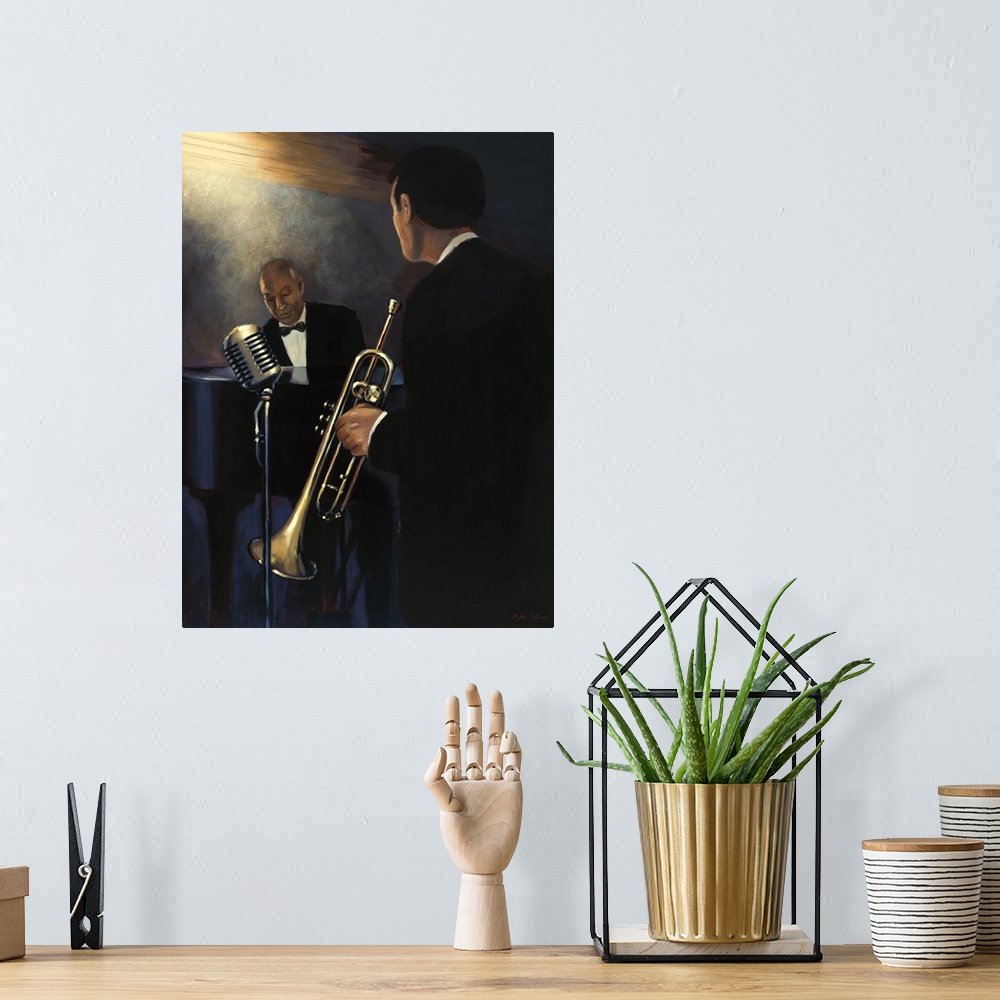 A bohemian room featuring Contemporary painting of two musicians, one playing a trumpet and one playing the piano.