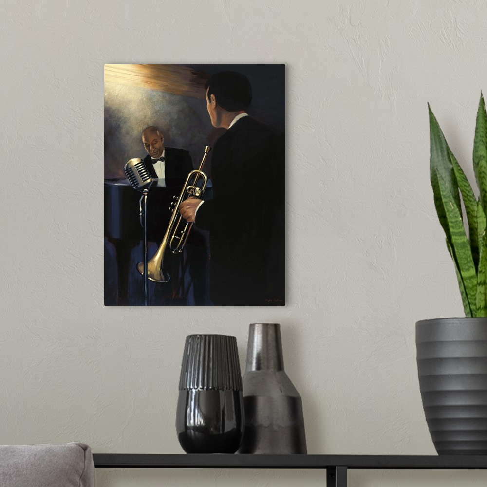 A modern room featuring Contemporary painting of two musicians, one playing a trumpet and one playing the piano.