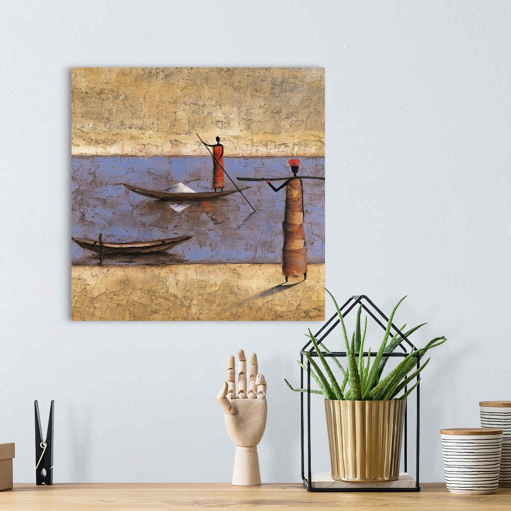 A bohemian room featuring Contemporary painting of a tribal figure on a boat in a river and another figure standing on the ...