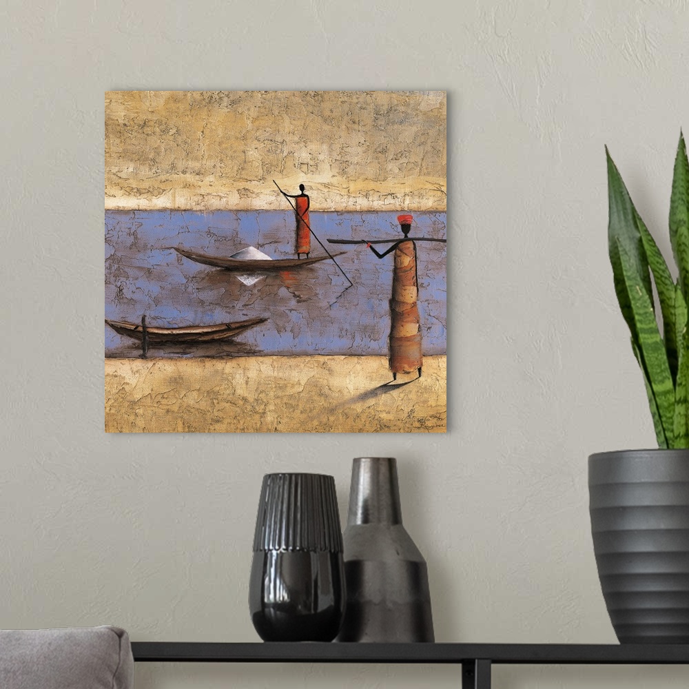 A modern room featuring Contemporary painting of a tribal figure on a boat in a river and another figure standing on the ...