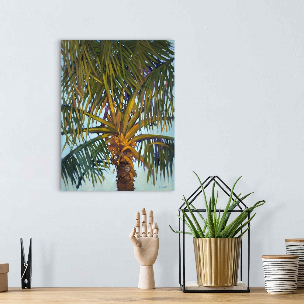 A bohemian room featuring Contemporary colorful painting of a tropical palm tree.