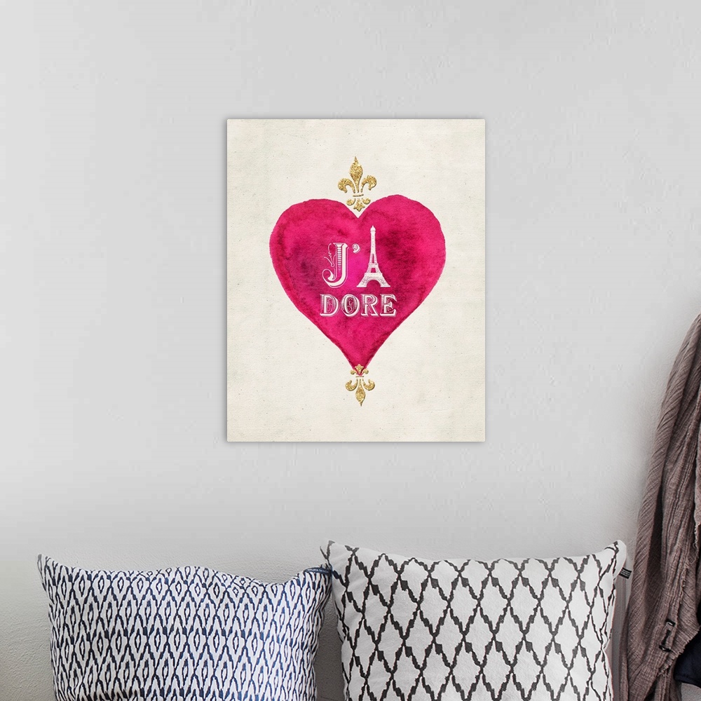A bohemian room featuring Gold lettering in pink heart against a weathered neutral background.
