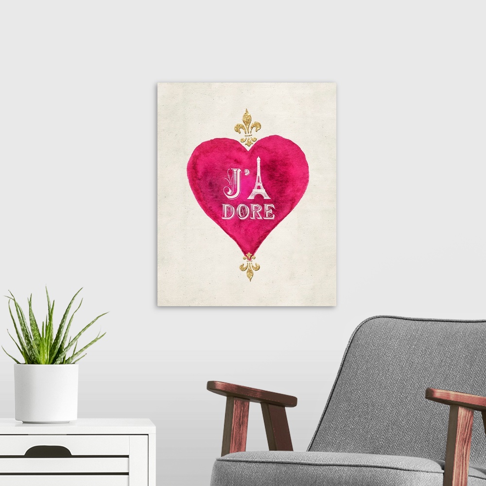 A modern room featuring Gold lettering in pink heart against a weathered neutral background.