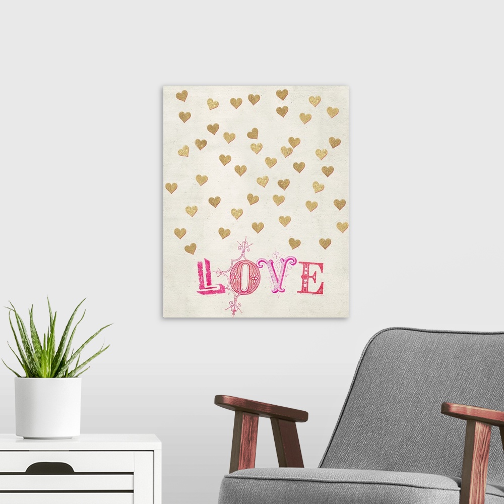 A modern room featuring Golden hearts and the word Love in pink against a weathered neutral background.