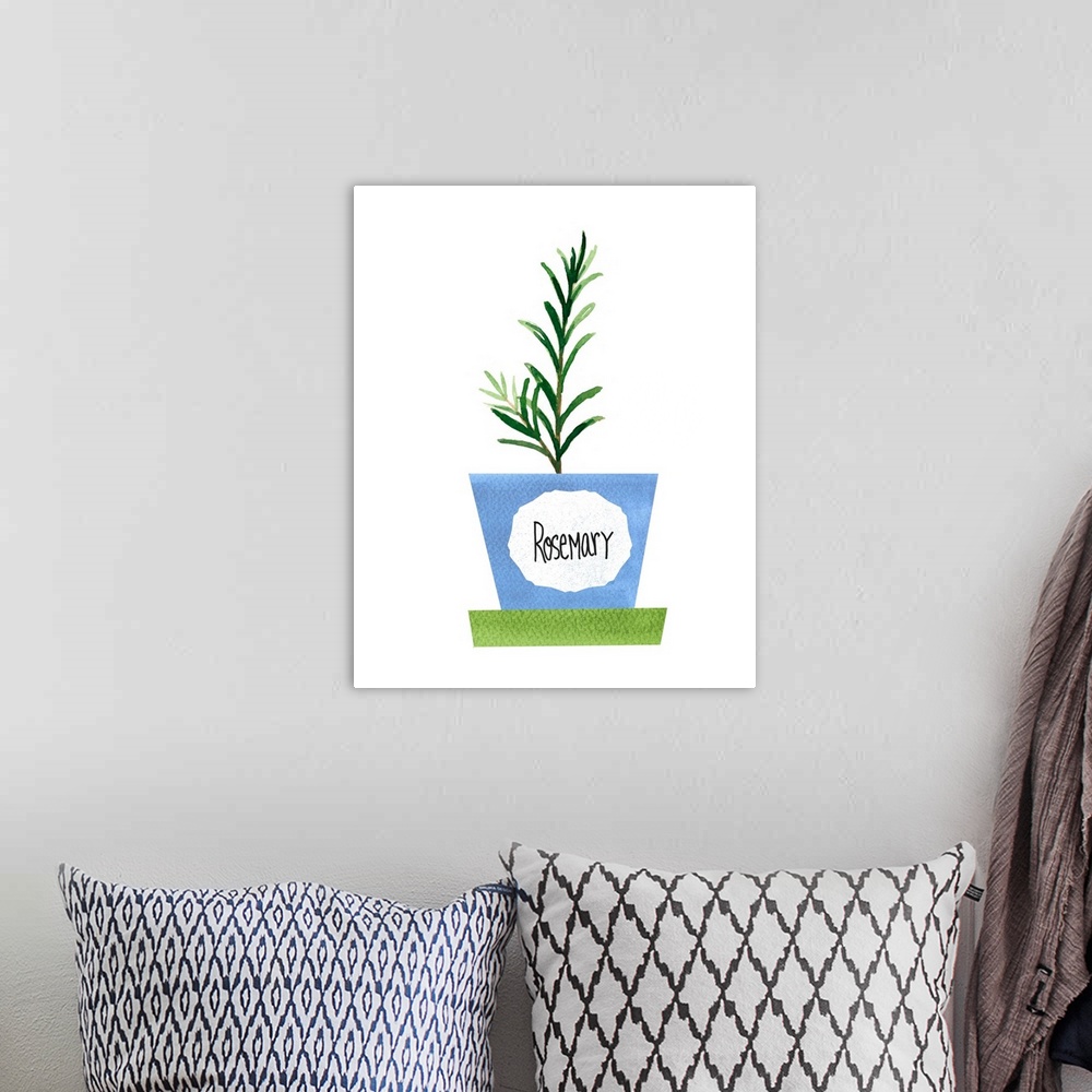 A bohemian room featuring Painting of a potted rosemary plant on a solid white background with a label on the blue pot.