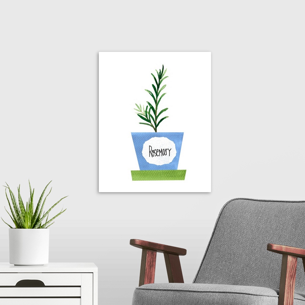 A modern room featuring Painting of a potted rosemary plant on a solid white background with a label on the blue pot.