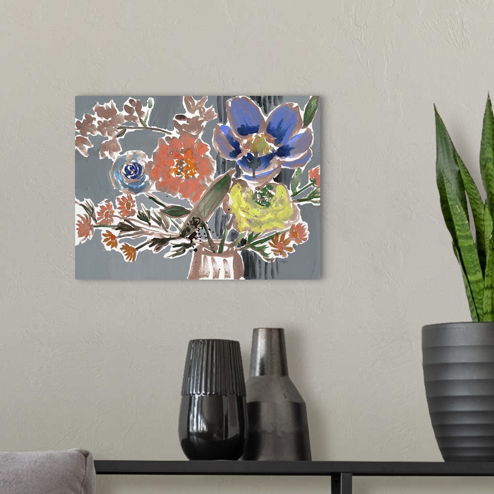 A modern room featuring Watercolor painting of a bouquet of orange, yellow, and blue flowers on grey.