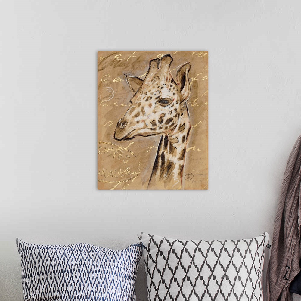 A bohemian room featuring Portrait of a giraffe in brown tones with golden writing.