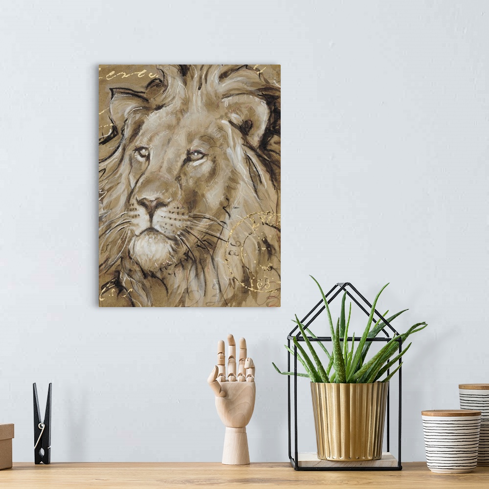 A bohemian room featuring Portrait of a lion in brown tones with golden writing.