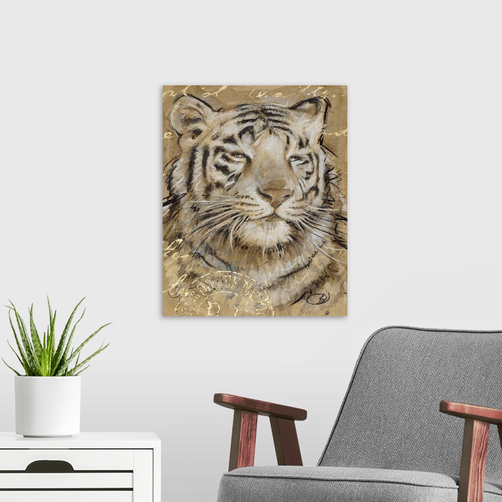 A modern room featuring Portrait of a tiger in brown tones with golden writing.