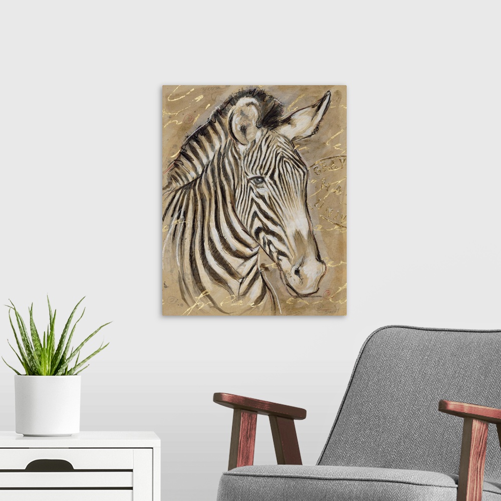 A modern room featuring Portrait of a zebra in brown tones with golden writing.
