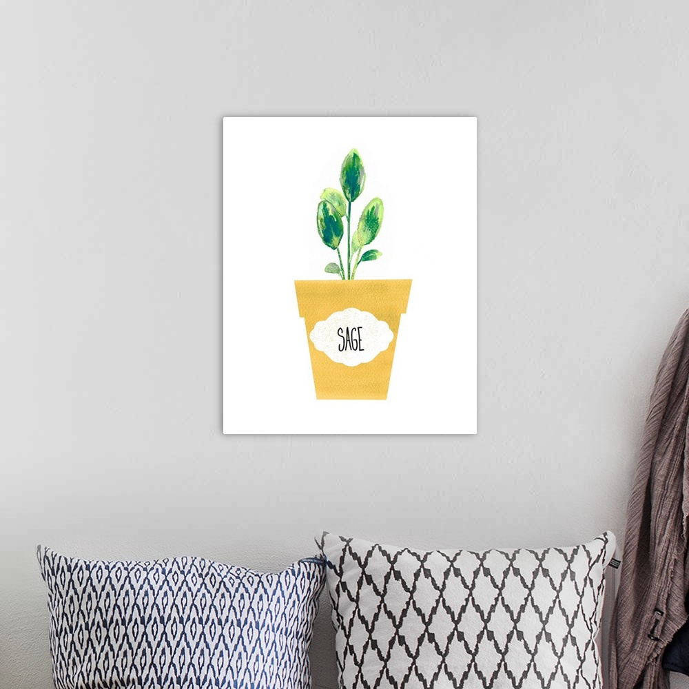 A bohemian room featuring Painting of a potted sage plant on a solid white background with a label on the yellow pot.