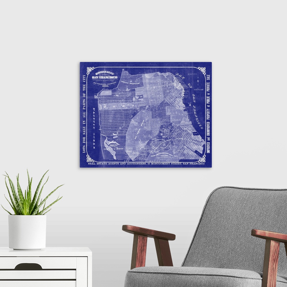 A modern room featuring Vintage blueprint-style map of San Francisco and the bay.