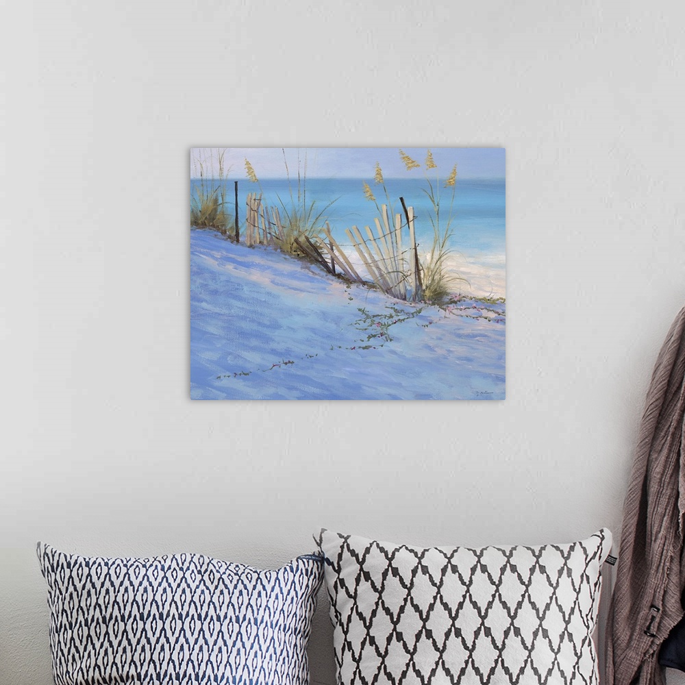 A bohemian room featuring Contemporary painting of beach grasses on a dune near the ocean.