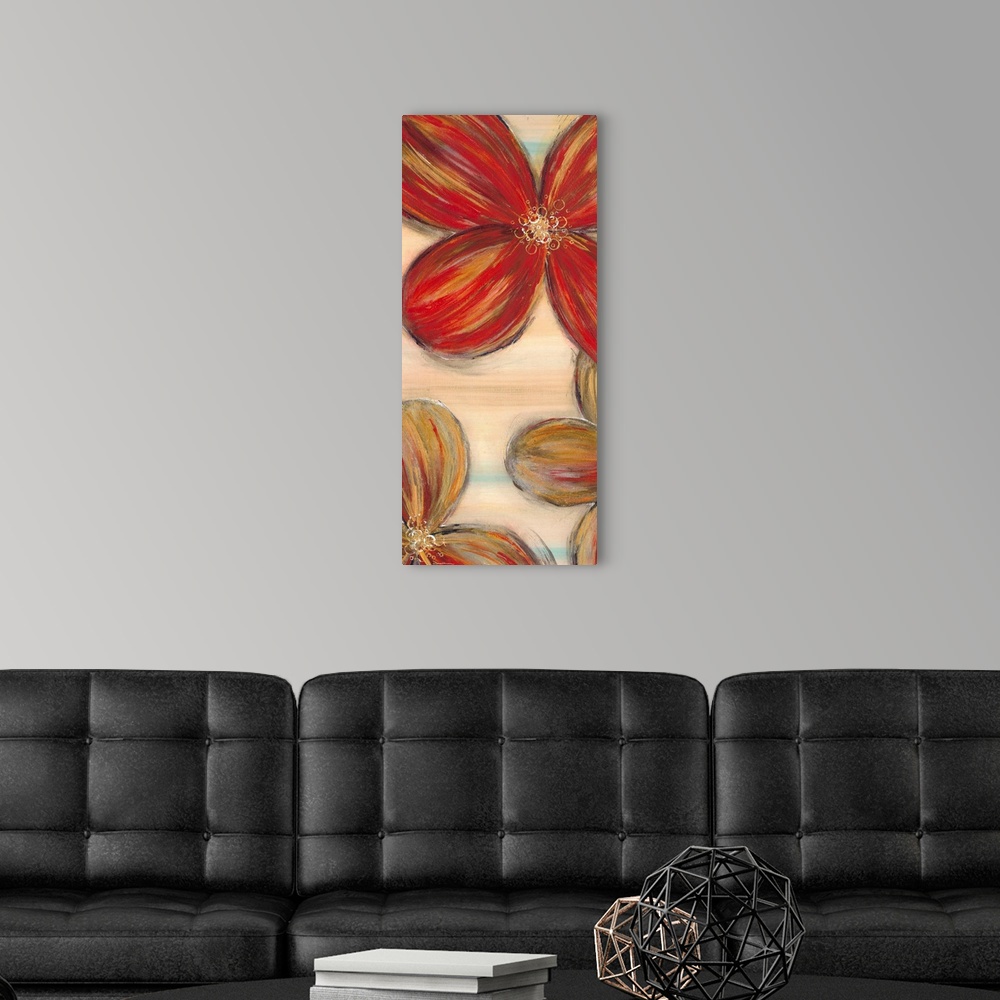 A modern room featuring Contemporary home decor artwork of warm toned flowers against a neutral background.