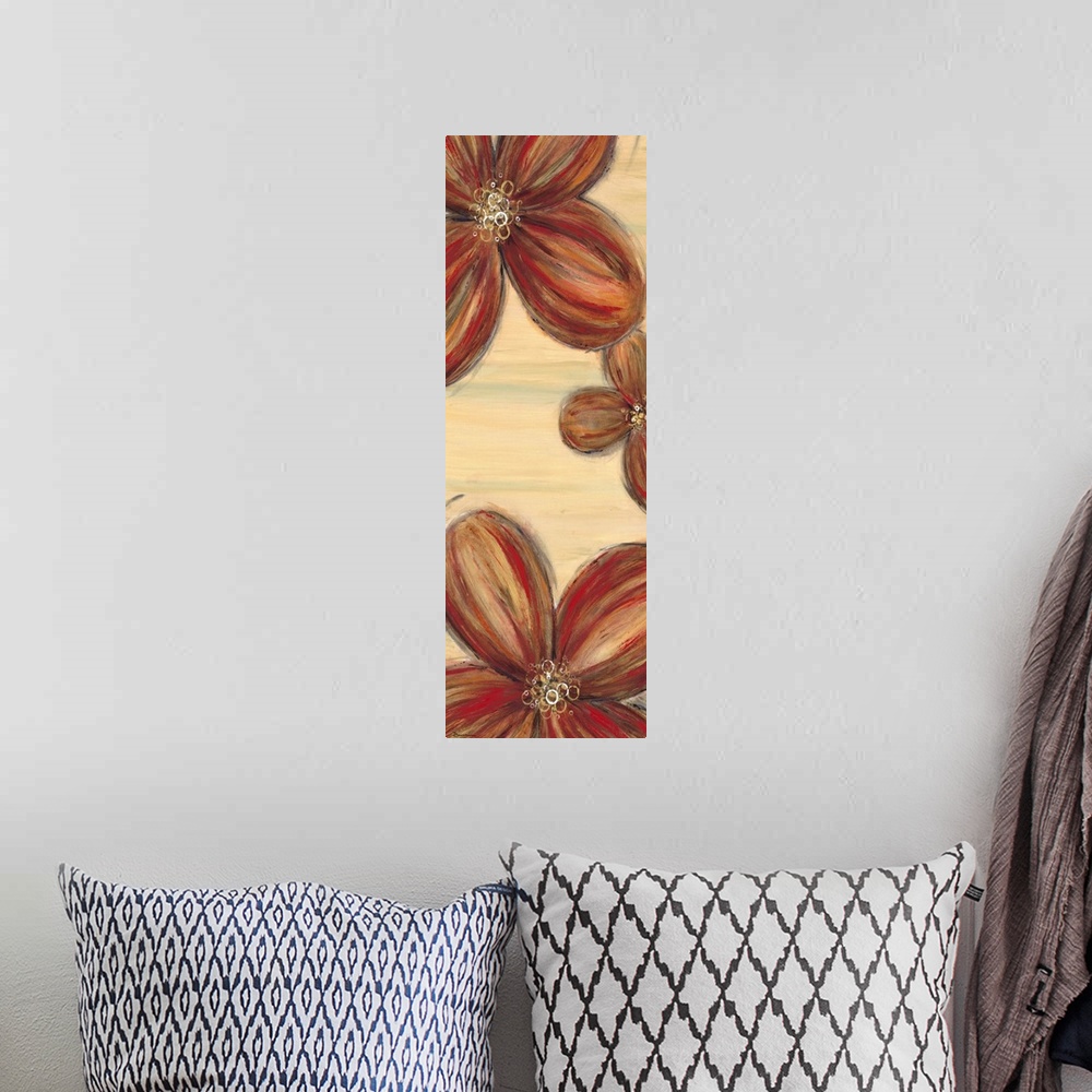 A bohemian room featuring Contemporary home decor artwork of warm toned flowers against a neutral background.