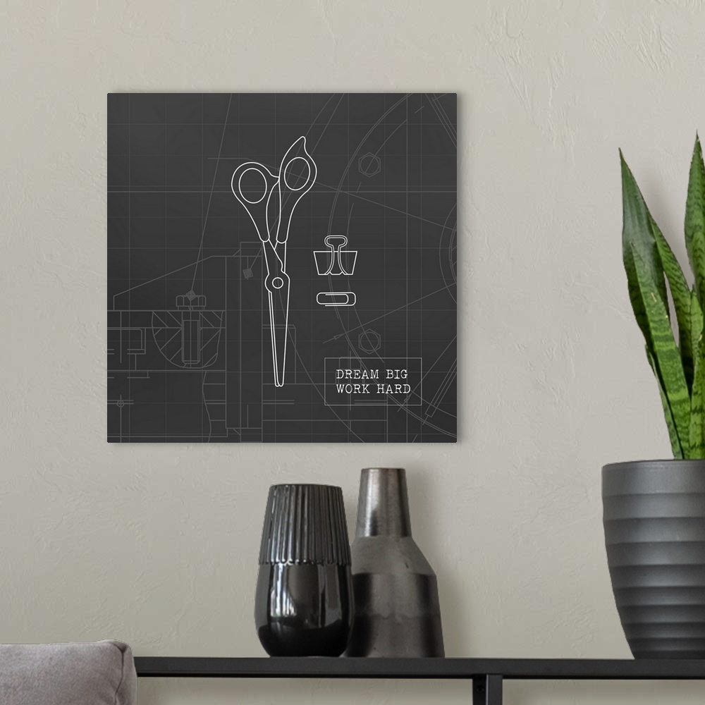 A modern room featuring Illustration of scissors and two paperclips in black and white a blueprint style with "Dream Big ...