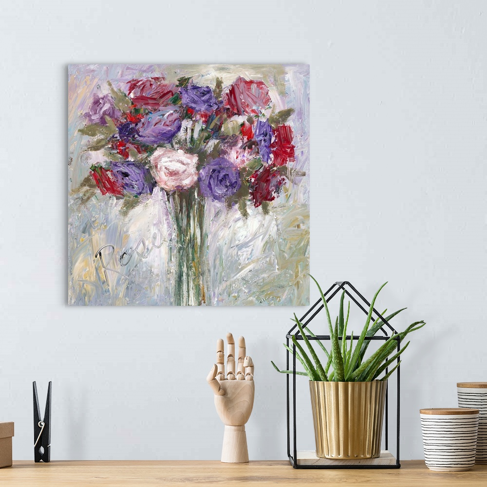 A bohemian room featuring Contemporary still life painting of a bouquet of colorful flowers in a vase.