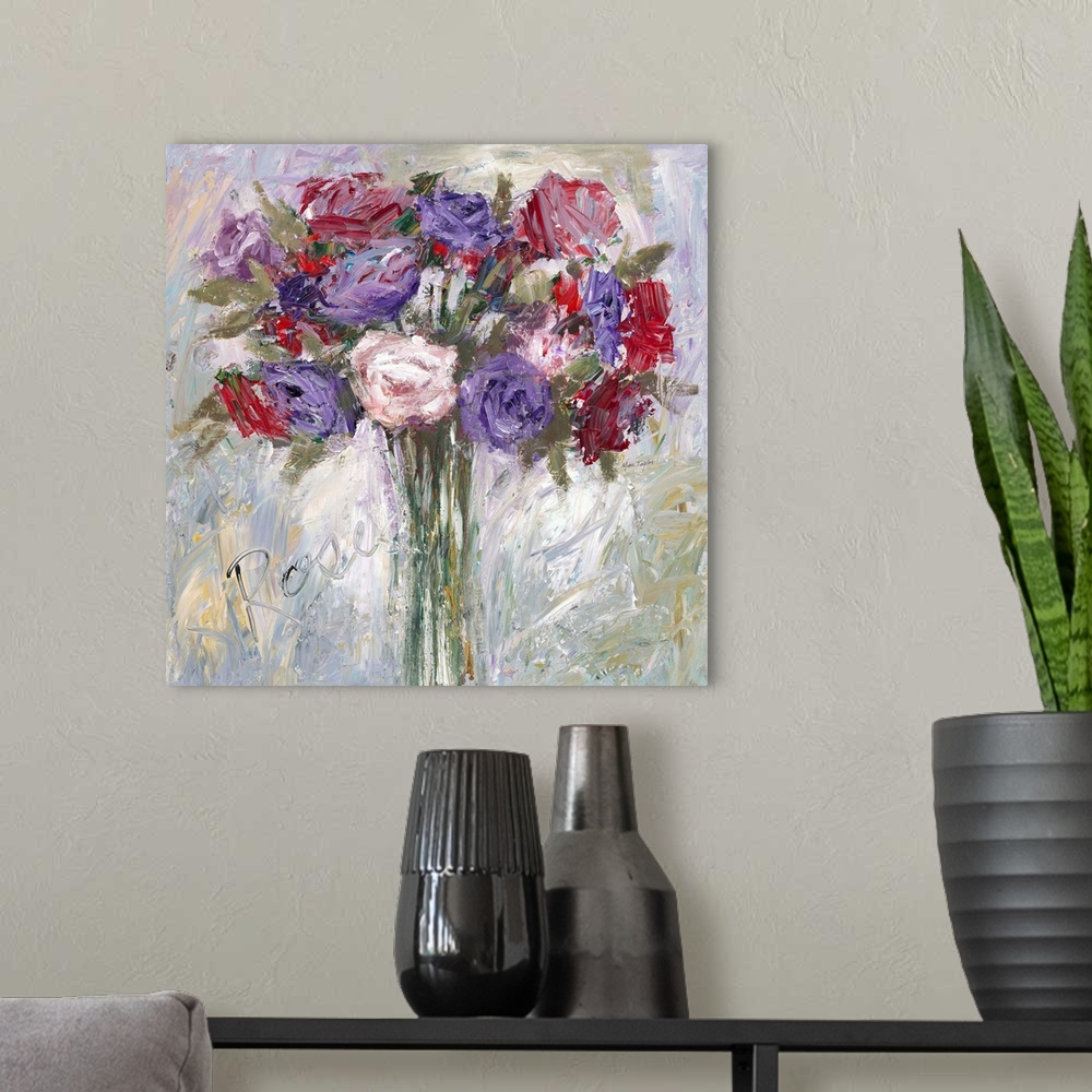 A modern room featuring Contemporary still life painting of a bouquet of colorful flowers in a vase.