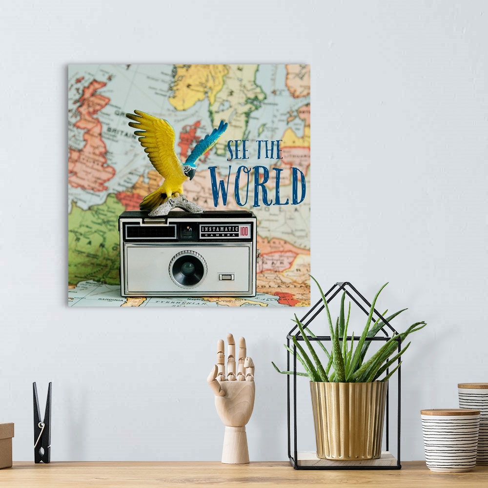 A bohemian room featuring A toy bird sitting on a vintage camera with a map backdrop.