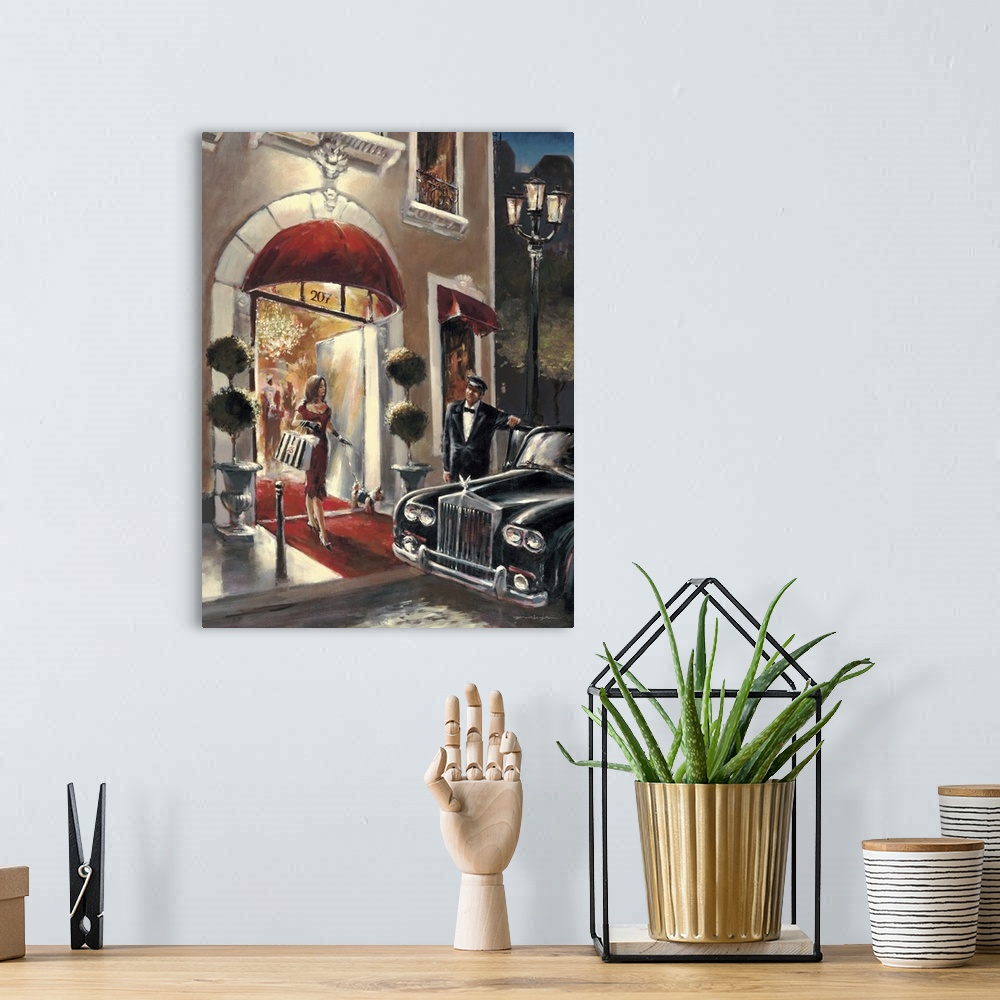 A bohemian room featuring Contemporary painting of a woman in a red dress walking out store, with a dog on a leash in one h...