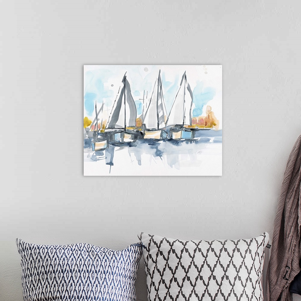A bohemian room featuring Watercolor painting of three sailboats on the water.