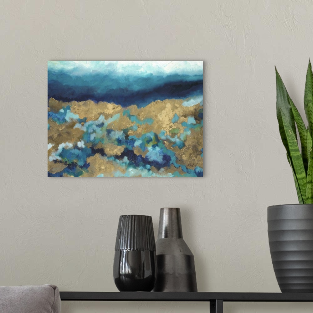 A modern room featuring Contemporary abstract painting using gold and various tone of blue green.