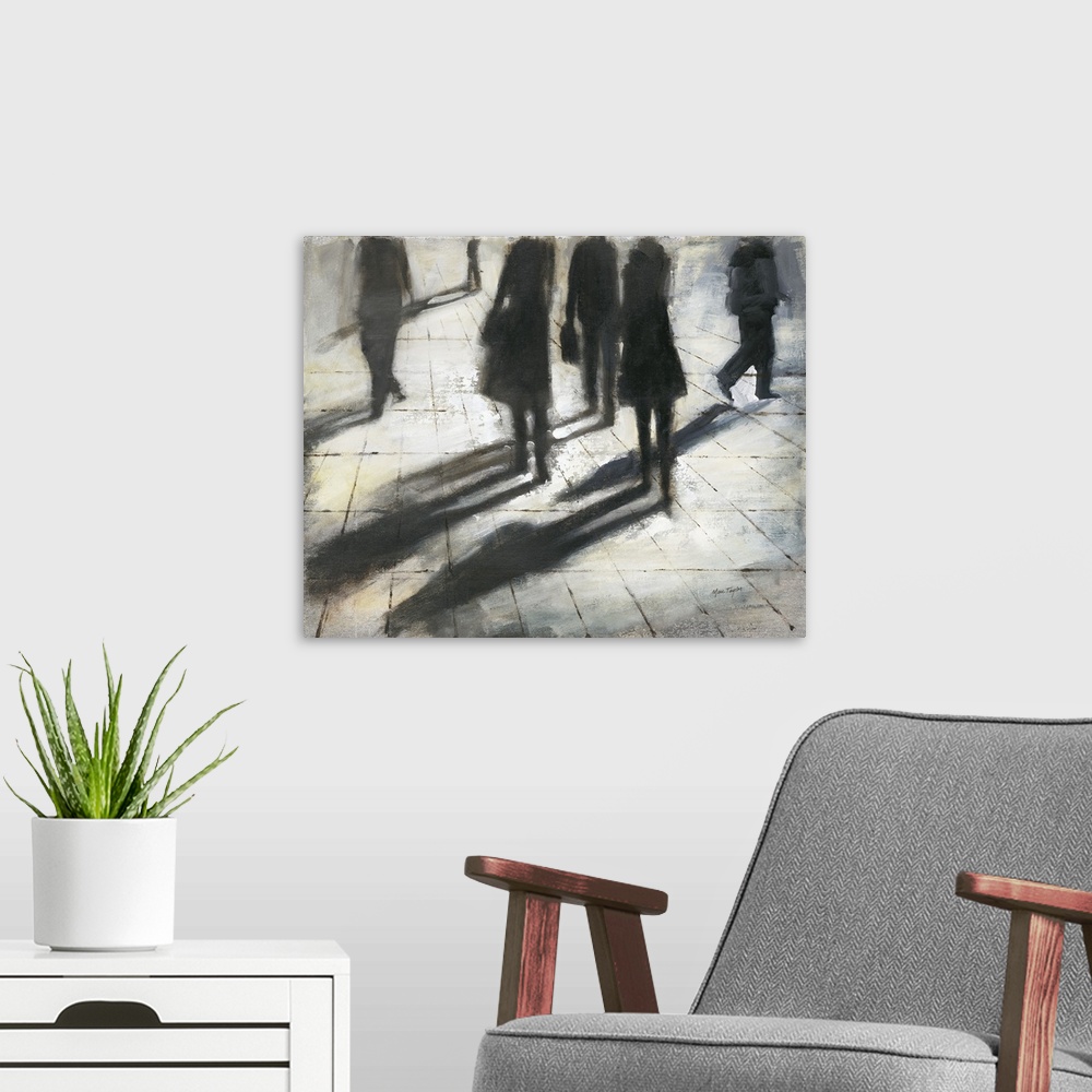 A modern room featuring Contemporary painting of silhouetted figures walking and casting shadows.