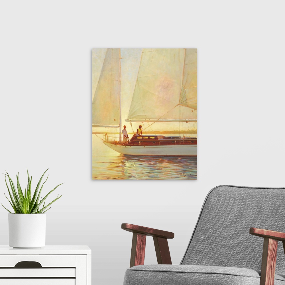 A modern room featuring Contemporary painting of man and woman on a boat sailing on a glimmering sea.